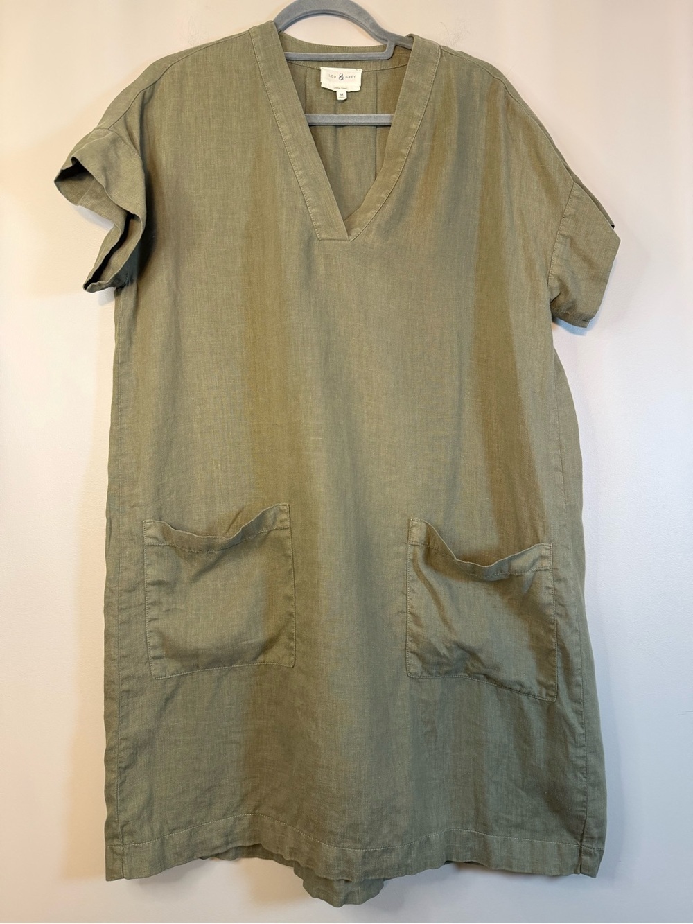 Lou & Grey Olive Green Linen V-Neck Pocket Tunic Linen Dress